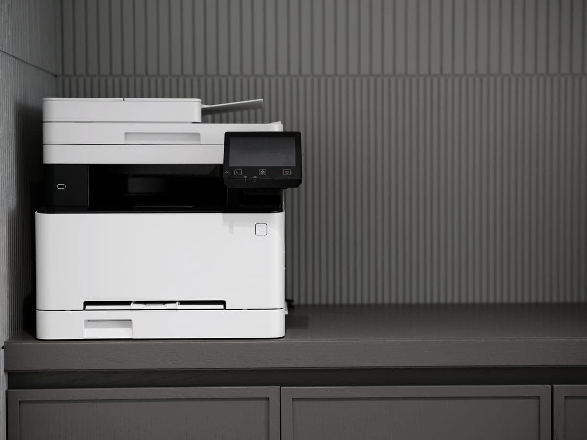 A modern printer on a minimalist office desk